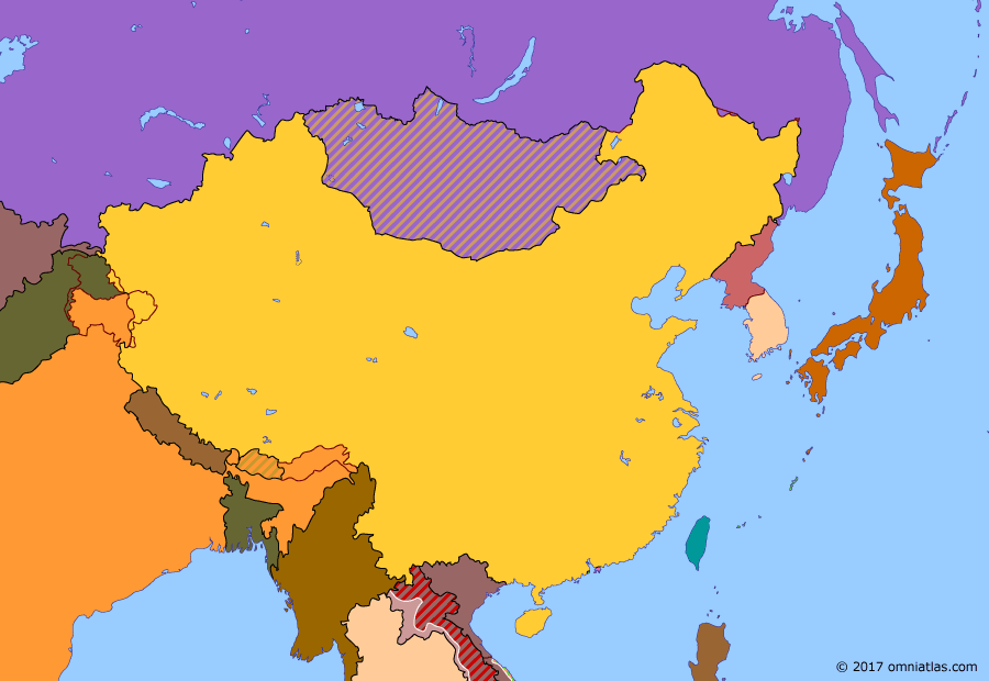 Political map of China, Japan, Korea, and Mongolia on 15 Mar 1969 (China under Mao: Sino-Soviet Border Conflict), showing the following events: Gulf of Tonkin incident; Gulf of Tonkin Resolution; Project 596; Cultural Revolution; Sino-Soviet border conflict.