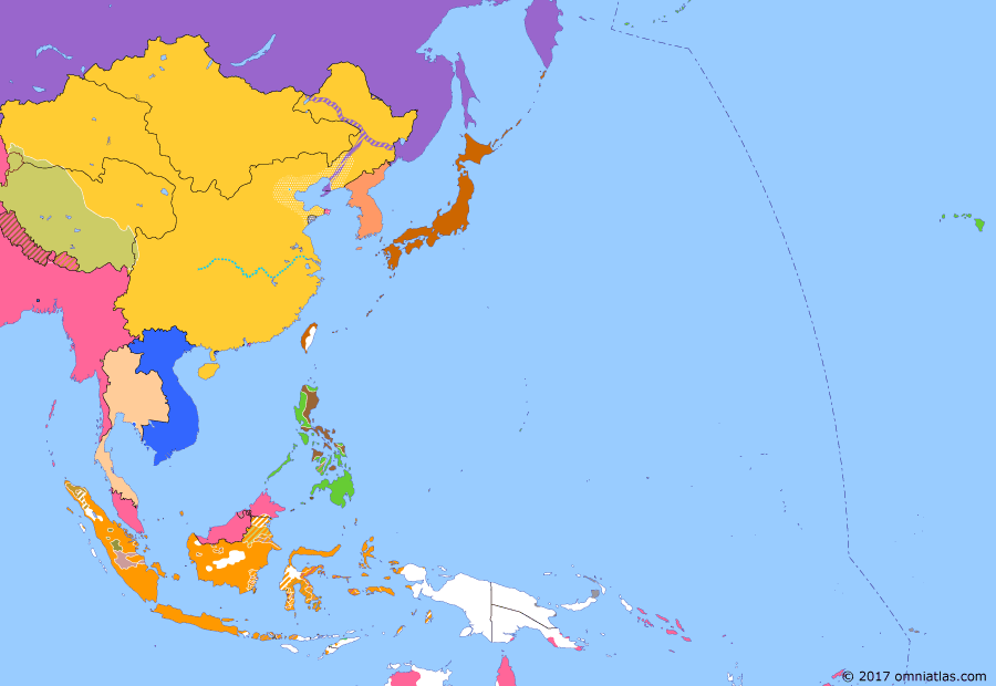 Political map of East Asia and the Western Pacific on 16 Jun 1900 (The Rise of Japan: Boxer Rebellion), showing the following events: Open Door Note; Battle of Senluo Temple; Tripartite Convention; International demand on China; Russian invasion of Manchuria; Seymour Expedition.