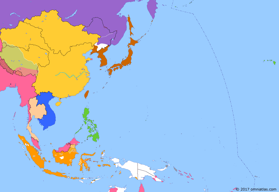Political map of East Asia and the Western Pacific on 04 Sep 1905 (The Rise of Japan: Russo-Japanese War), showing the following events: Japanese occupation of Korea; Entente Cordiale; Free Japanese Brigade; Siege of Port Arthur; Battle of Tsushima; Invasion of Sakhalin; Raid on Petropavlovsk.