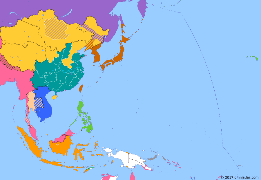 Political map of East Asia and the Western Pacific on 06 Dec 1911 (Warlords and Revolutionaries: Chinese Revolution), showing the following events: Anglo-Siamese Treaty; China occupation of Lhasa; Japan-Korea Annexation Treaty; Wuchang Uprising; Mongolian Revolution.