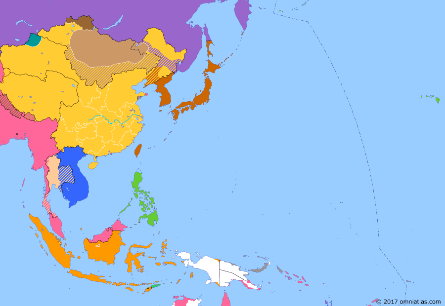 Political map of East Asia and the Western Pacific on 10 Mar 1912 (Warlords and Revolutionaries: Yuan Shikai and the Republic of China), showing the following events: Republic of China; Abdication of Puyi; End of Qing rule in Tuva; Yuan Shikai becomes President.