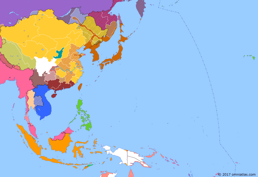 Political map of East Asia and the Western Pacific on 06 Apr 1920 (Warlords and Revolutionaries: Creation of the Far Eastern Republic), showing the following events: China revokes Mongolia’s autonomy; Kolchak resigns as Soviet supported Political Centre seizes power in Irkutsk; Nikolayevsk Incident; Japanese offensive in Russian Far East; Far Eastern Republic.