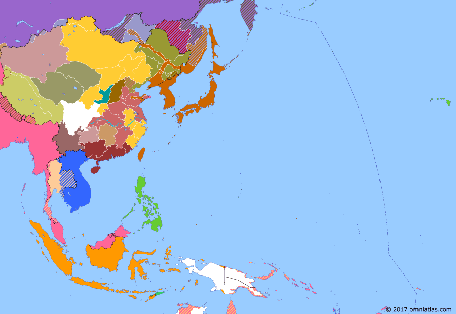Political map of East Asia and the Western Pacific on 23 Jul 1920 (Warlords and Revolutionaries: Zhili–Anhui War), showing the following events: Occupation of northern Sakhalin; Outbreak of Zhili-Anhui War; Zhili-Anhui War; Zhili and Fengtian cliques take Beijing.