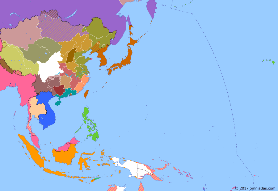 Political map of East Asia and the Western Pacific on 30 May 1925 (Warlords and Revolutionaries: Shanghai Incident), showing the following events: Duan Qirui appointed Chief Executive of Republic of China; Soviet-Japanese Peace Treaty; Anglo-French Treaties with Siam; Sun Yatsen dies.; May Thirtieth Movement.