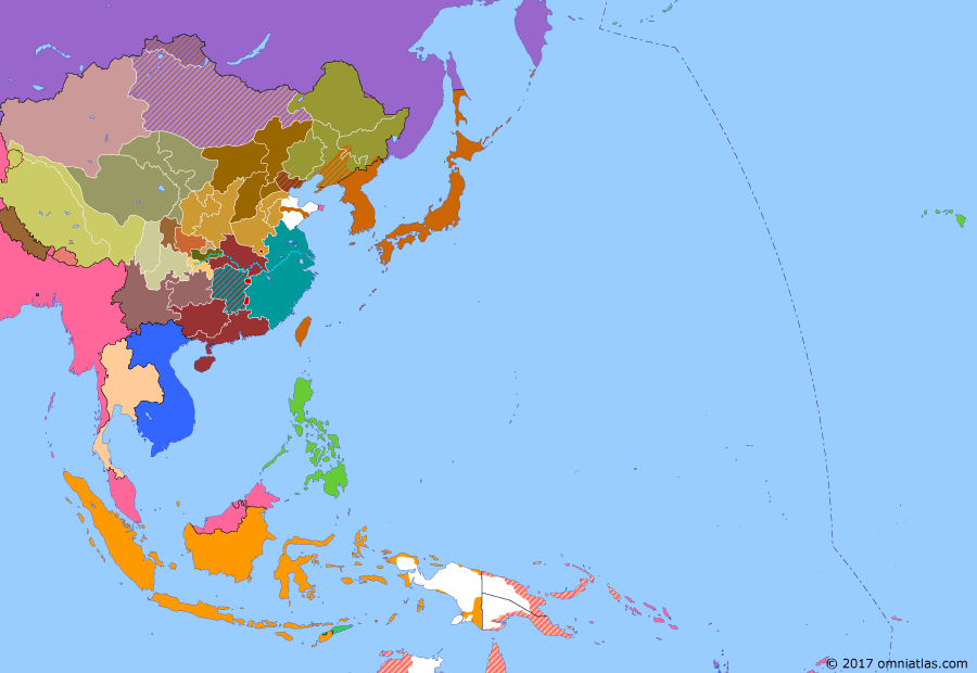 Political map of East Asia and the Western Pacific on 29 Dec 1928 (China's Nanjing Decade: Northeast Flag Replacement), showing the following events: Shanxi Warlord Yan Xishan takes Beijing from Fengtian clique on behalf of the Kuomintang; Huanggutun Incident; Xinjiang warlord Yang Zengxin declares for Chinese Nationalist Government; Presidency of Chiang Kaishek; Northeast Flag Replacement.