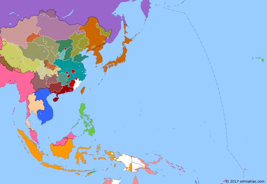 Political map of East Asia and the Western Pacific on 18 Feb 1932 (China's Nanjing Decade: Creation of Manchukuo), showing the following events: Japanese invasion of Manchuria; January 28 Incident; Japanese back independence of Manchuria as Manchukuo.