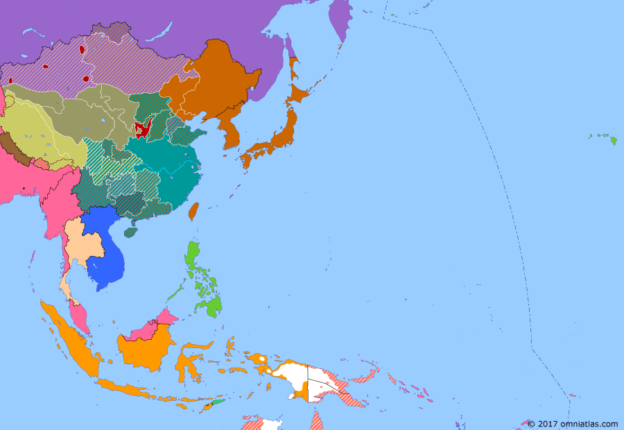 Political map of East Asia and the Western Pacific on 23 Aug 1937 (Second Sino-Japanese War: Battle of Shanghai), showing the following events: Battle of Beiping-Tianjin; Oyama Incident; Battle of Shanghai; Japanese begin bombing of Nanjing and cities of central China.