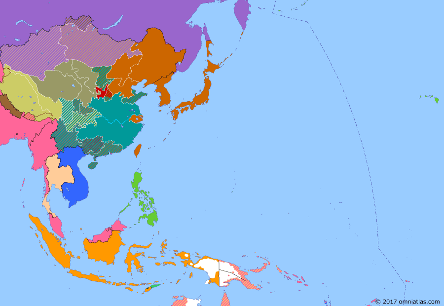 Political map of East Asia and the Western Pacific on 13 Dec 1937 (Second Sino-Japanese War: Fall of Nanjing), showing the following events: Japanese conquer northern Shanxi; Quarantine Speech; Nationalist Chinese government moves to Wuhan; Battle of Nanjing; USS Panay incident; Rape of Nanking.