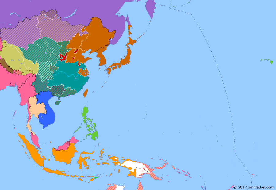 Political map of East Asia and the Western Pacific on 07 Apr 1938 (Second Sino-Japanese War: Battle of Tai'erzhuang), showing the following events: Japanese back creation of Provisional Government of the Republic of China in northern China; Communist Chinese infiltration into Shanxi-Hebei-Chahar; Anschluss; Japanese back creation of Reformed Government of the Republic of China; Battle of Tai'erzhuang.