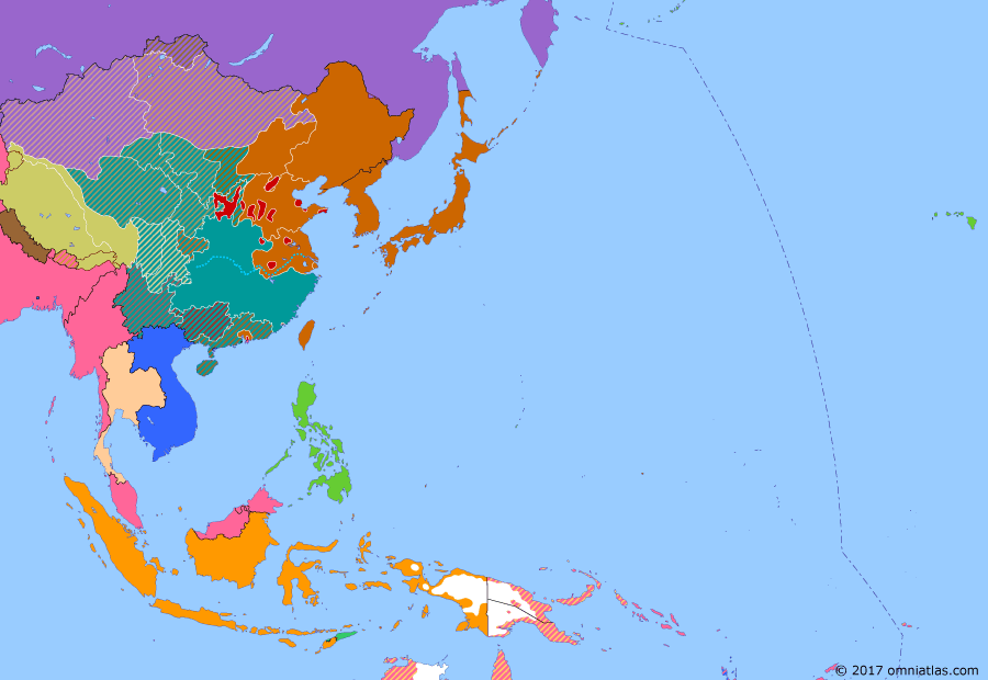 Political map of East Asia and the Western Pacific on 27 Oct 1938 (Second Sino-Japanese War: Fall of Wuhan), showing the following events: Japanese occupy Amoy (Xiamen), China; Japanese take Xuzhou, China, connecting their northern and central armies; Nationalist Chinese burst Yellow River dykes at Huayuankou in attempt to halt Japanese advance; Battle of Wuhan; Battle of Lake Khasan; Occupation of the Sudetenland; Canton Operation.