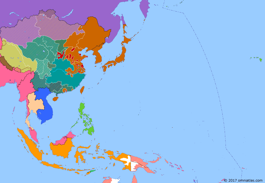 Political map of East Asia and the Western Pacific on 31 Aug 1939 (Second Sino-Japanese War: Nomonhan Incident), showing the following events: Hainan Island Operation; Japan occupies Spratly Islands; Battles of Khalkhin Gol; Siam becomes Thailand; Molotov–Ribbentrop Pact.