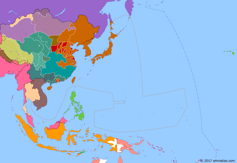 Political map of East Asia and the Western Pacific on 06 Dec 1941 (Second Sino-Japanese War: Eve of Pearl Harbor), showing the following events: Tokyo Peace Treaty; Operation Barbarossa; Operation “FU”; Freezing of Japanese assets; Hawaii Operation; Japan rejects terms offered by US government; Yangtze Patrol dissolved.