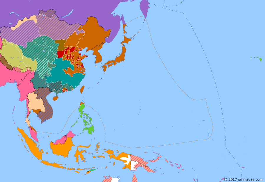 Political map of East Asia and the Western Pacific on 11 Dec 1941 (WWII: The Greater East Asia War: Pearl Harbor and its Aftermath), showing the following events: Attack on Pearl Harbor; Japan lands troops on Batan Island, Philippines; Japanese invasion of Malaya; Japanese invasion of Thailand; Battle of Guam; Japanese invasion of the Gilbert Islands; Sinking of Prince of Wales and Repulse; Germany at war with U.S..