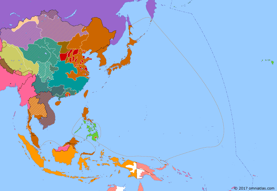 Political map of East Asia and the Western Pacific on 23 Jan 1942 (WWII: The Greater East Asia War: Japanese Onslaught in the Pacific), showing the following events: Battle of Borneo; Battle of Wake Island; Battle of Hong Kong; ABDACOM; Dutch East Indies Campaign; Battle of Rabaul.