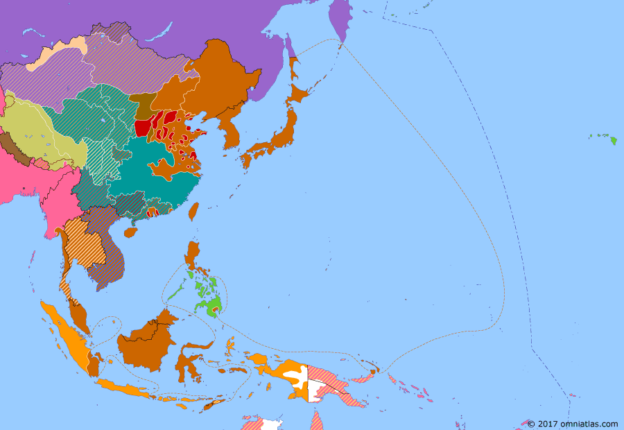 Political map of East Asia and the Western Pacific on 27 Feb 1942 (WWII: The Greater East Asia War: Battle of Java Sea), showing the following events: Battle of Bataan; Fall of Singapore; Bombing of Darwin; Battle of the Java Sea.