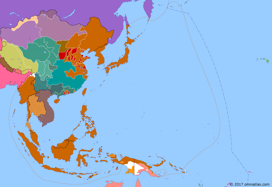 Political map of East Asia and the Western Pacific on 26 Aug 1942 (WWII: The Greater East Asia War: Operation Watchtower), showing the following events: Henderson Field; Kokoda Trail campaign; Guadalcanal Landings; Japan occupies Nauru.