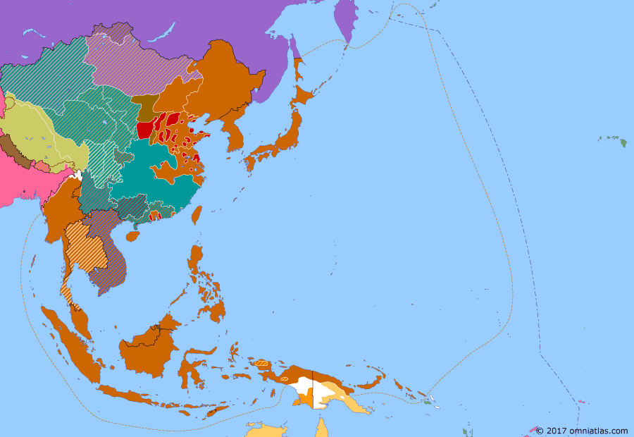 Political map of East Asia and the Western Pacific on 09 Feb 1943 (WWII: Victory Over Japan: Guadalcanal Campaign), showing the following events: US submarine campaign against Japanese shipping; Guadalcanal Campaign; Battle of Buna-Gona; First Arakan Campaign; Surrender of the Sixth Army.