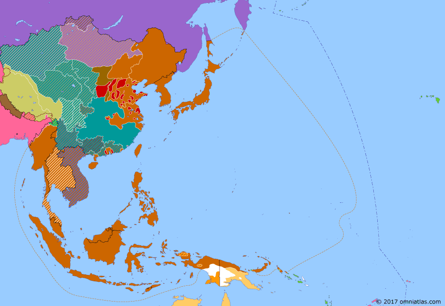 Political map of East Asia and the Western Pacific on 15 Dec 1943 (WWII: Victory Over Japan: Operation Cartwheel), showing the following events: Battle of Attu; New Georgia Campaign; Evacuation of Kiska; Battle of Tarawa; Battle of Arawe.