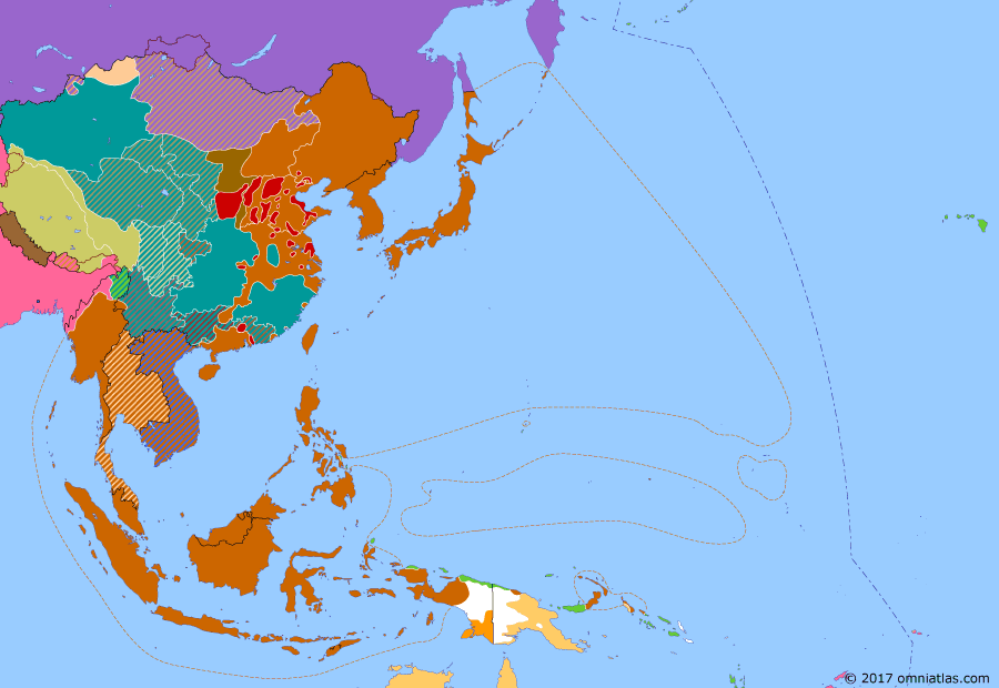 Political map of East Asia and the Western Pacific on 23 Oct 1944 (WWII: Victory Over Japan: Battle of Leyte Gulf), showing the following events: Battle of Guam; Battle of Tinian; Battle of Peleliu; US-led Allies captures Morotai; Soviet Union annexes Tuvan People’s Republic; US forces land on Leyte Island; Battle of Leyte Gulf.