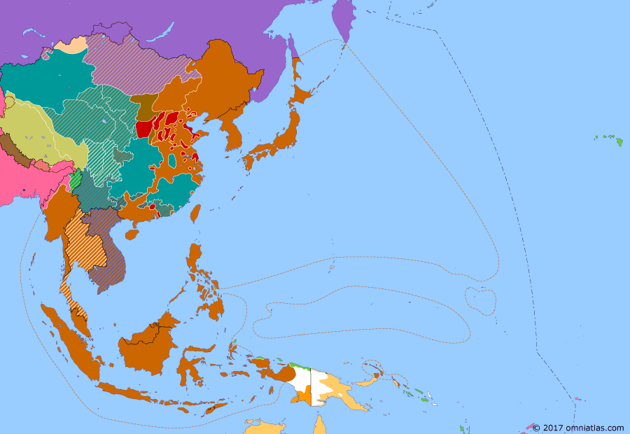 Political map of East Asia and the Western Pacific on 04 Dec 1944 (WWII: Victory Over Japan: Operation Ichi-Go), showing the following events: Operation Ichi-Go; XXI Bomber Command; US secures Leyte; Second East Turkestan Republic; Operation Extended Capital.