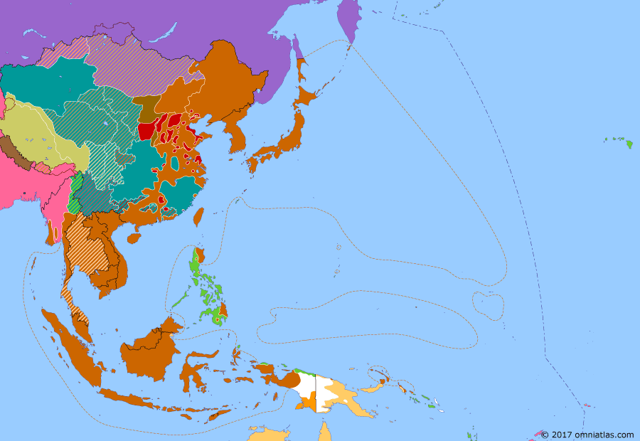 Political map of East Asia and the Western Pacific on 08 May 1945 (WWII: Victory Over Japan: Battles of Iwo Jima and Okinawa), showing the following events: Japanese coup in French Indochina; First US firebombing attack kills more than 80,000 in Tokyo; Battle of Iwo Jima; Battle of Okinawa; Soviet Union denounces Soviet-Japanese Neutrality Pact of 1941; Battle of Tarakan; Operation Dracula; V.E. Day.