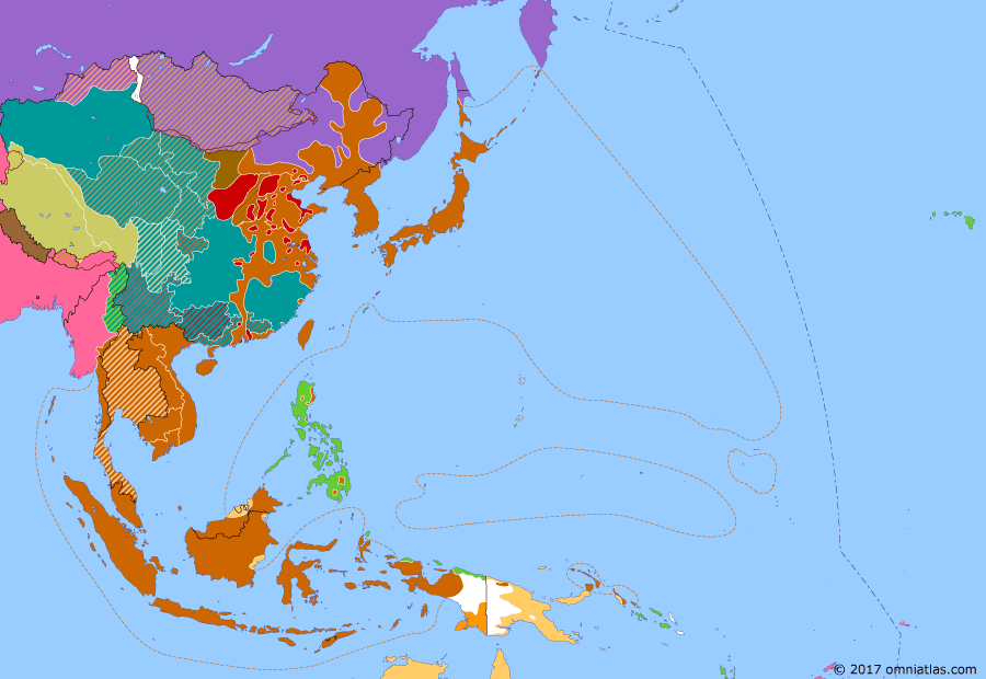 Political map of East Asia and the Western Pacific on 15 Aug 1945 (WWII: Victory Over Japan: Japanese Surrender), showing the following events: Atomic bombing of Nagasaki; Soviet invasion of Manchuria; Invasion of South Sakhalin; Kyujo Incident; Sino-Soviet Treaty of Friendship and Alliance; Jewel Voice Broadcast.