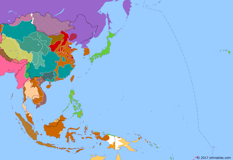 Political map of East Asia and the Western Pacific on 02 Sep 1945 (End of the Old Order: Occupation of Japan), showing the following events: Division of Korea; Indonesian Independence; Kuril Landing Operation; August Revolution; US Forces arrive in Tokyo; Formal surrender of Japan.