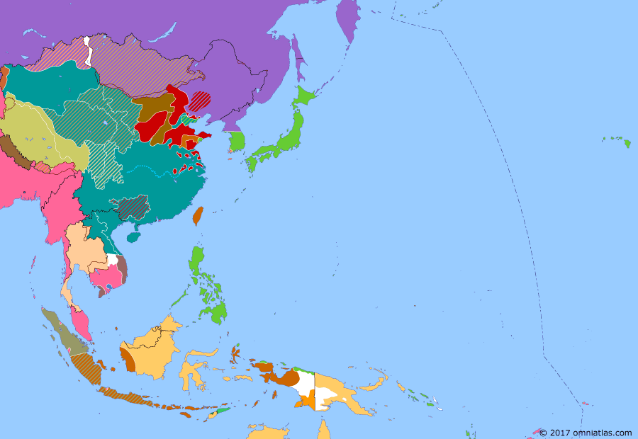 Political map of East Asia and the Western Pacific on 11 Oct 1945 (End of the Old Order: Surrender of Japan's Overseas Forces), showing the following events: Operation Tiderace; People’s Republic of Korea declared; US forces land at Incheon; Japanese surrender in China; Operation Masterdom; Chinese occupation of northern Indochina; Allied occupation of Indonesia; Operation Beleaguer.