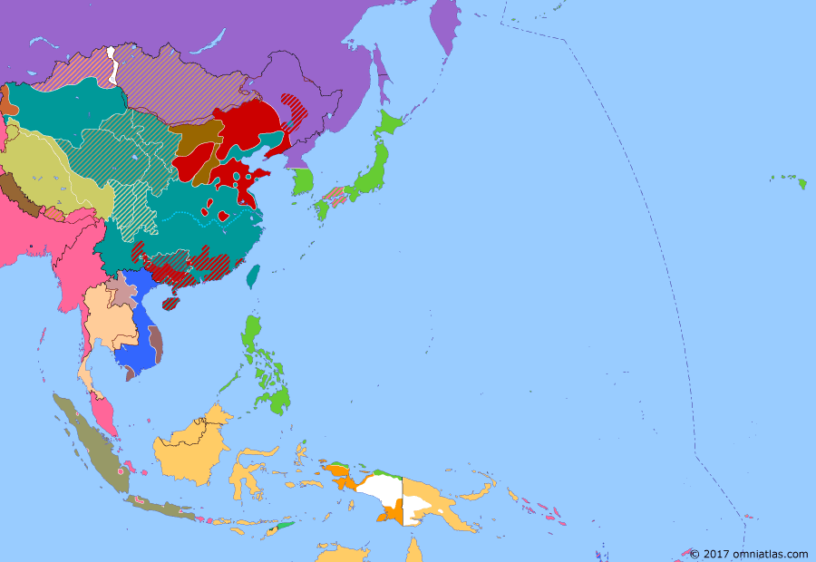 Political map of East Asia and the Western Pacific on 27 Mar 1946 (End of the Old Order: Reclaiming China), showing the following events: Retrocession Day; Battle of Surabaya; British Commonwealth Occupation Force; Franco-Chinese Agreement; French land at Haiphong; Soviet Union withdraws from Manchuria.