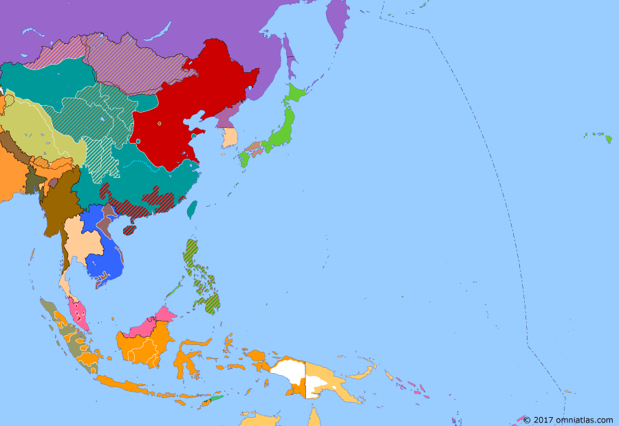 Political map of East Asia and the Western Pacific on 23 Jan 1949 (End of the Old Order: Communist Victory in Northern China), showing the following events: Partition of India; Independence of Burma; Malayan Emergency; First Republic of South Korea; Democratic People’s Republic of Korea; Pingjin Campaign; Operation Kraai.
