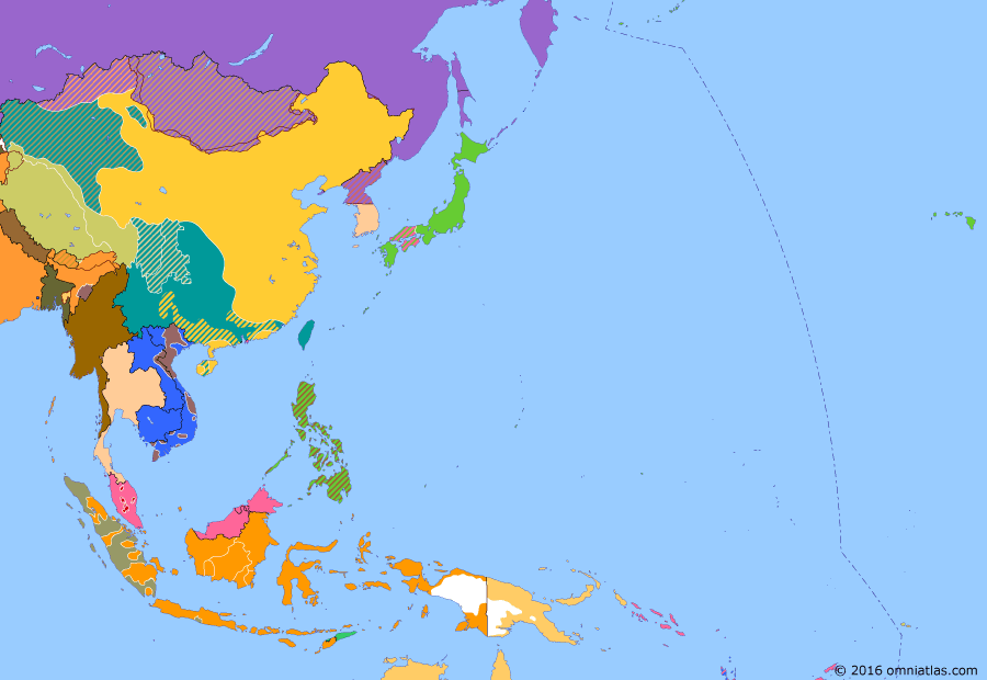 Political map of East Asia and the Western Pacific on 01 Oct 1949 (End of the Old Order: People's Republic of China), showing the following events: Amethyst Incident; Fall of Nanjing; Creation of State of Vietnam; French Associated State of Laos; People’s Republic of China.