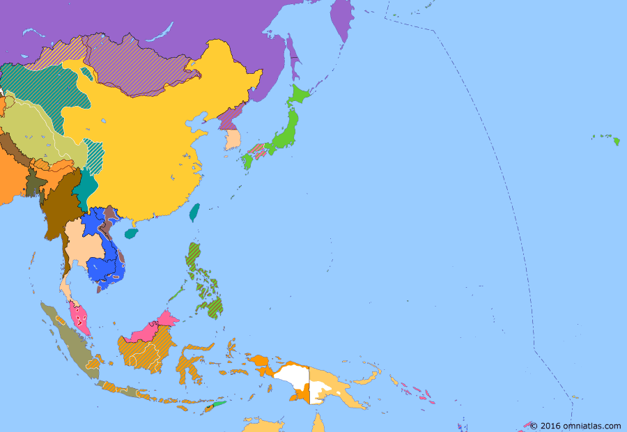 Political map of East Asia and the Western Pacific on 29 Dec 1949 (End of the Old Order: Nationalist Taiwan), showing the following events: Dutch-Indonesian Round Table Conference; Cambodia becomes French Associated State; Nationalist relocation to Taiwan; End of East Turkestan Republic; United States of Indonesia.
