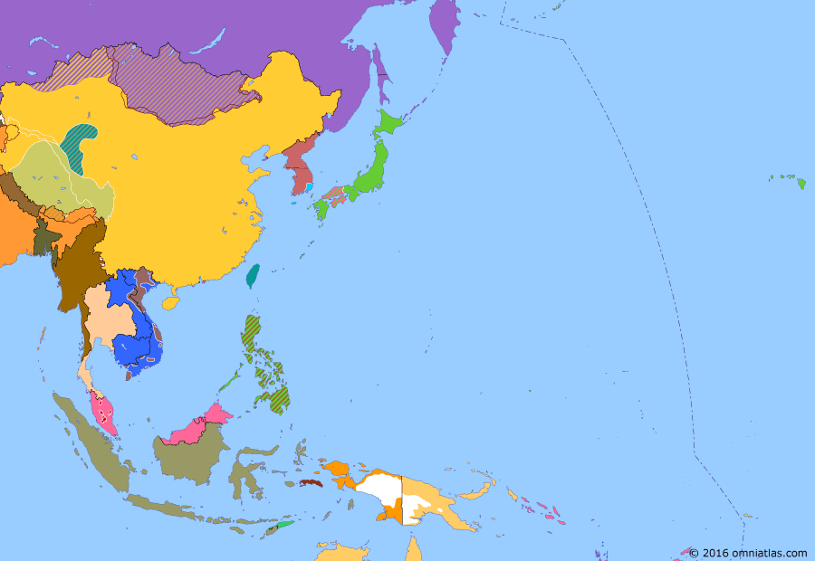 Political map of East Asia and the Western Pacific on 14 Sep 1950 (The Cold War in Asia: Outbreak of the Korean War), showing the following events: Hainan Landing Operation; Republic of South Maluku; UNSC Resolution 82; Outbreak of Korean War; U.N.S.C. Resolution 84; Dissolution of the United States of Indonesia.