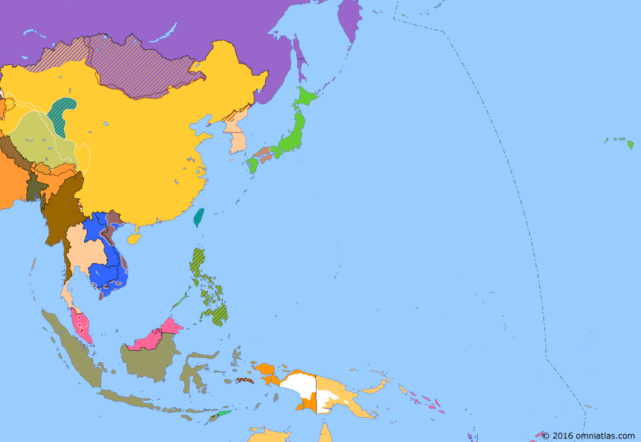 Political map of East Asia and the Western Pacific on 24 Nov 1950 (The Cold War in Asia: UN Offensive in Korea), showing the following events: UN Offensive in Korea; Battle of Chamdo; People’s Volunteer Army; End of the Republic of South Maluku.