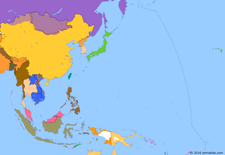 Political map of East Asia and the Western Pacific on 09 Sep 1951 (The Cold War in Asia: China in Korea and Tibet), showing the following events: Chinese intervention in Korea; 17 Point Agreement on Tibet; Kaesong Negotiations; Treaty of San Francisco; Occupation of Tibet.
