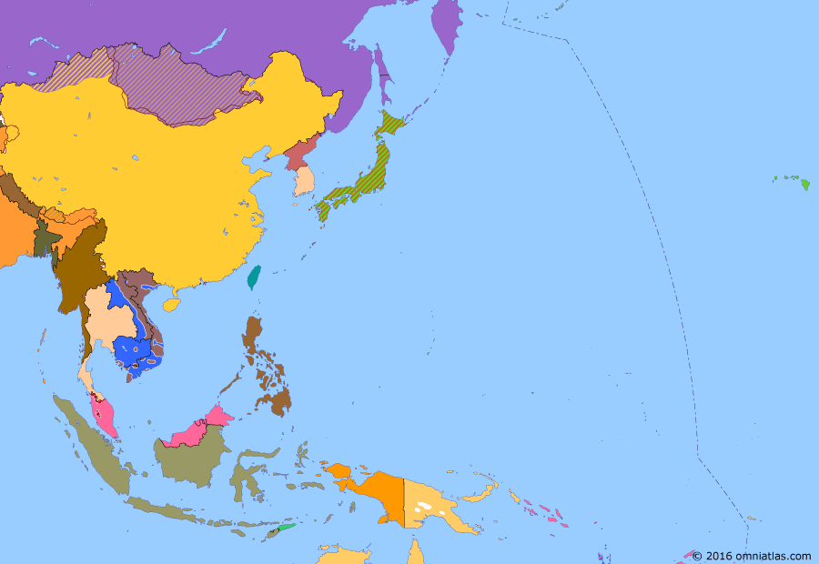 Political map of East Asia and the Western Pacific on 06 May 1954 (The Cold War in Asia: First Indochina War), showing the following events: End of occupation of Japan; Viet Minh invade Laos; Korean Armistice Agreement; Battle of Dien Bien Phu.