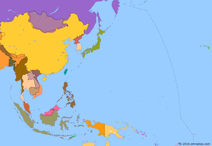 Political map of East Asia and the Western Pacific on 28 Mar 1959 (The Cold War in Asia: China under Mao), showing the following events: Partition of Vietnam; SEATO; Return of Dairen; Independence of Malaya; Great Leap Forward; Tibetan uprising.