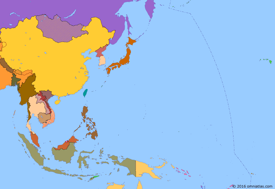 Political map of East Asia and the Western Pacific on 16 Sep 1963 (The Cold War in Asia: Formation of Malaysia), showing the following events: North Vietnam begins infiltrating South; Ho Chi Minh trail opens; Sino-Indian War; Konfrontasi; Cession of West New Guinea; Formation of Malaysia.