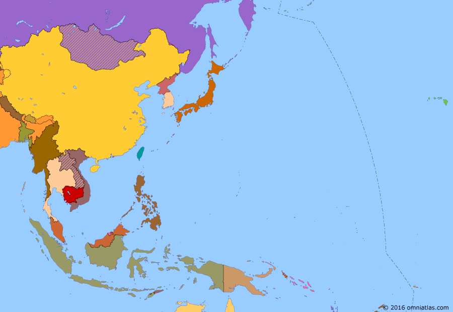 Political map of East Asia and the Western Pacific on 02 Dec 1975 (The Cold War in Asia: Communist Victory in Indochina), showing the following events: Battle of the Paracel Islands; Nixon resigns; Spring Offensive; Khmer Rouge captures Phnom Penh; Independence of Papua New Guinea; End of Portuguese rule in Timor; Fall of Vientiane.