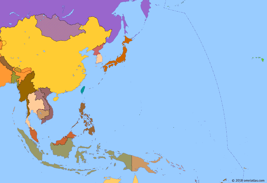 Political map of East Asia and the Western Pacific on 09 Nov 1989 (Asian Economic Powers: End of the Cold War), showing the following events: Kiribati Independence; Independence of Brunei; Mikhail Gorbachev; Soviet legislative election; Vietnam withdraws from Cambodia; Crackdown in Tiananmen Square.