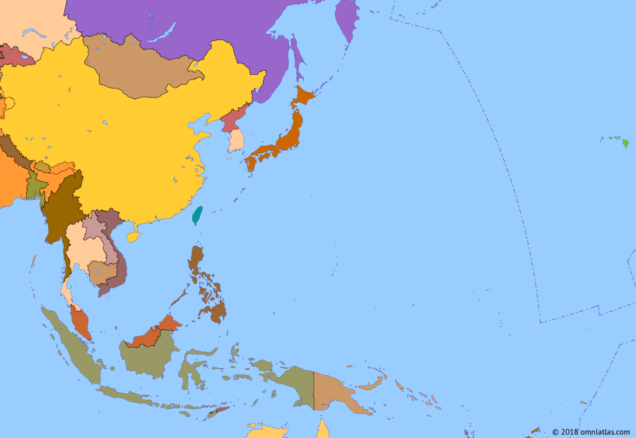 Political map of East Asia and the Western Pacific on 18 Jun 2014 (Asian Economic Powers: Rise of China), showing the following events: Dissolution of the Soviet Union; Asian Financial Crisis; Hong Kong returned to China; East Timorese crisis; Macau returned to China; Subprime mortgage crisis; North Korean nuclear tests.
