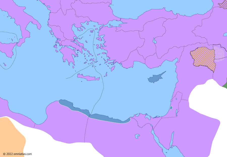 Political map of the Eastern Mediterranean on 15 Oct 115 (Jewish–Roman Wars: Kitos War), showing the following events: Rome–Osroene alliance; Trajan’s Conquest of Armenia; Trajan’s Upper Mesopotamia campaign; Lukuas’ rebellion; Outbreak of Kitos War; Kitos War in Mesopotamia; Artemion’s rebellion; Lulianos and Paphos.