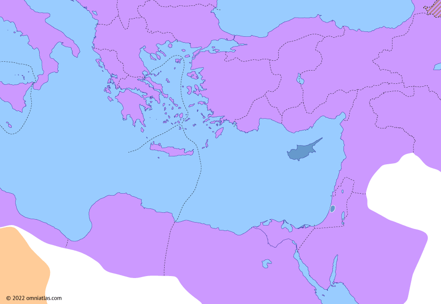 Political map of the Eastern Mediterranean on 10 Aug 117 (Jewish–Roman Wars: Accession of Hadrian), showing the following events: Roman Mesopotamia; Parthian revolt against Trajan; End of Kitos War; Principate of Hadrian.