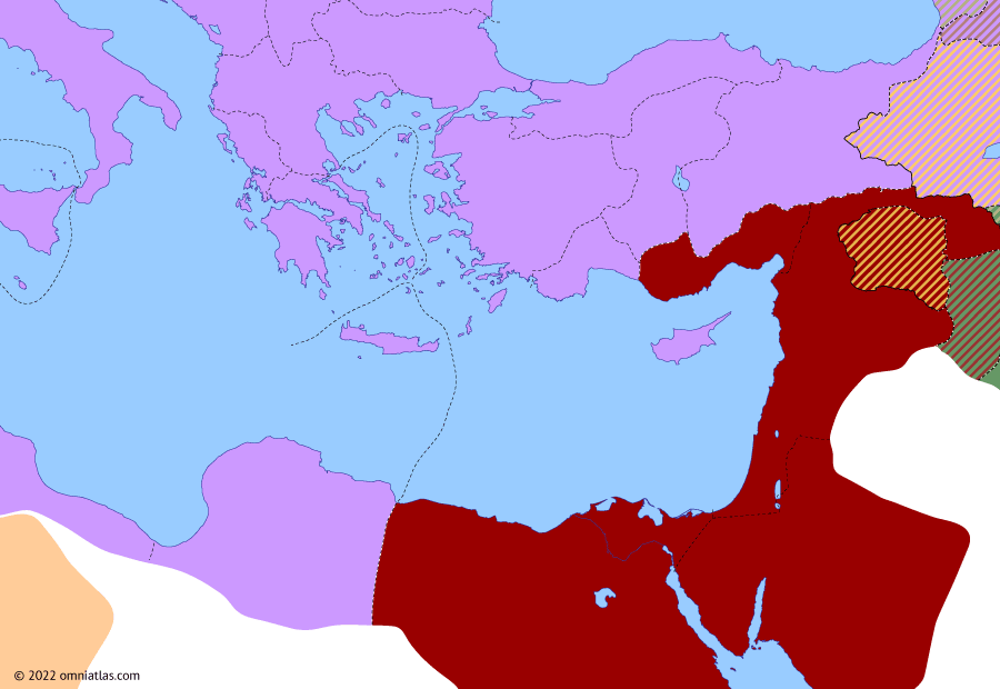 Political map of the Eastern Mediterranean on 03 May 175 (Roman consolidation in the East: Avidius Cassius’ Revolt), showing the following events: End of Lucius Verus’ Parthian War; Marcomannic campaigns of 171–2; Bucolic War; Danubian campaigns of 173–5; Avidius Cassius’ Revolt.