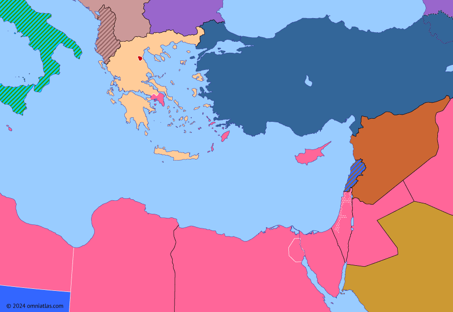 Political map of the Eastern Mediterranean on 17 Apr 1946 (Arab–Israeli Wars: French Evacuation of Syria), showing the following events: British withdrawal from Lebanon and Syria; Evacuation of Syria.