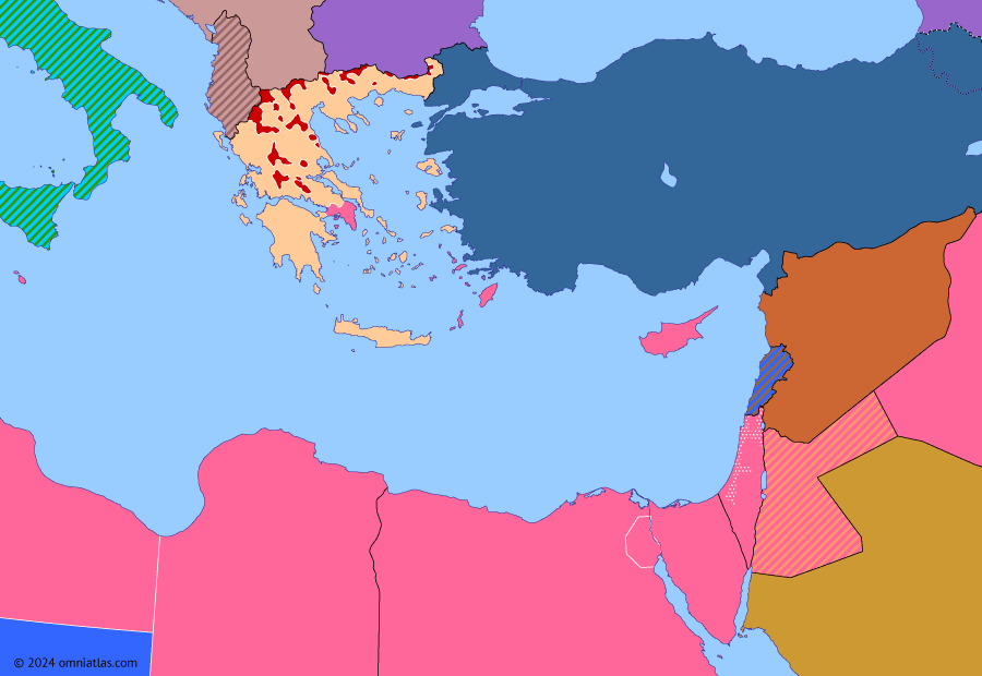 Political map of the Eastern Mediterranean on 07 Aug 1946 (Arab–Israeli Wars: Turkish Straits Crisis), showing the following events: Italian institutional referendum; Independence of Transjordan; Turkish Straits Crisis.
