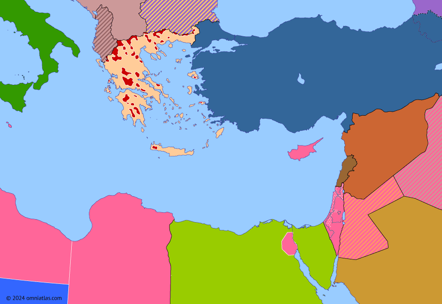 Political map of the Eastern Mediterranean on 29 Nov 1947 (Arab–Israeli Wars: UN Partition Plan for Palestine), showing the following events: Bulgarian People’s Republic; End of British occupation of Egypt; Cession of the Dodecanese to Greece; Truman Doctrine; UN Special Committee on Palestine; Interception of Exodus 1947; Partition of India; UN Partition Plan for Palestine.