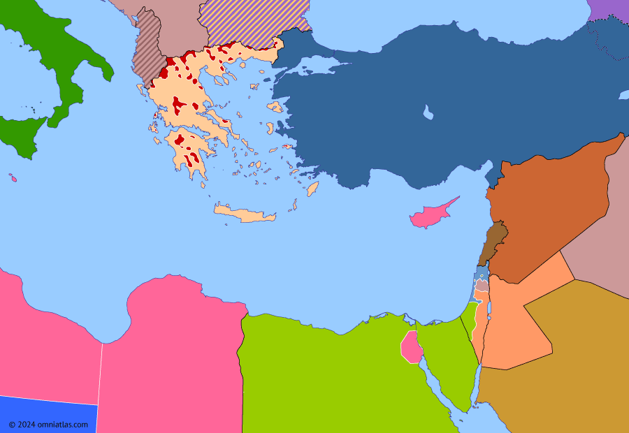 Political map of the Eastern Mediterranean on 11 Jun 1948 (The Arab–Israeli Wars: First Arab–Israeli War), showing the following events: Battles of the Kinarot Valley; Egyptian Negev Offensive; Battle for Jersualem; Iraqi offensive in Samaria; First UN Truce in Palestine.
