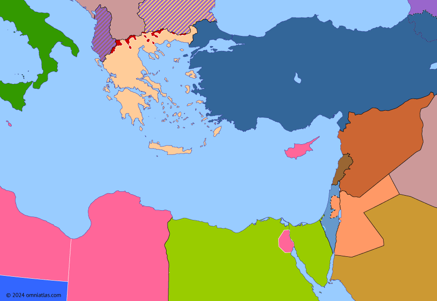 Political map of the Eastern Mediterranean on 11 May 1949 (The Arab–Israeli Wars: UN Recognition of Israel), showing the following events: 1949 Armistice Agreements; Emirate of Cyrenaica; Operation Uvda; North Atlantic Treaty; UN Recognition of Israel.