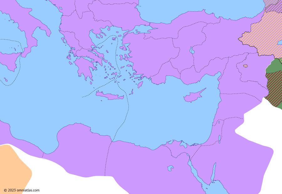 Political map of the Eastern Mediterranean on 23 Nov 195 (Roman consolidation in the East: Annexation of Osroene), showing the following events: Syria Coele and Phoenice; Clodius Albinus’ revolt; Osrhoene province.